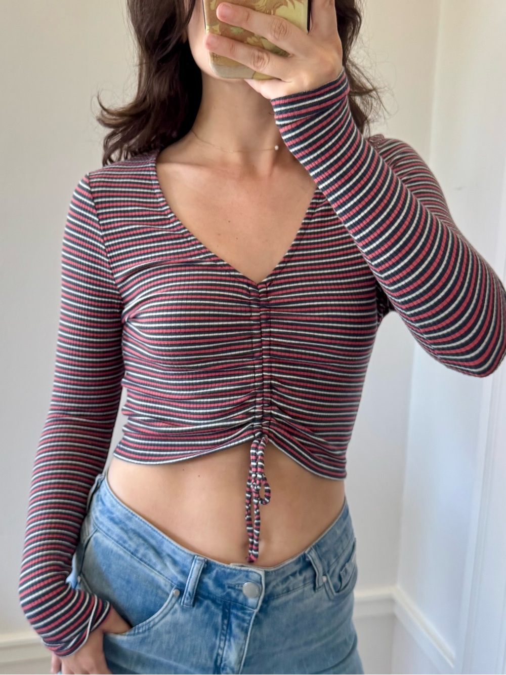 O'Neill Striped Ruched Long-Sleeve Crop Top